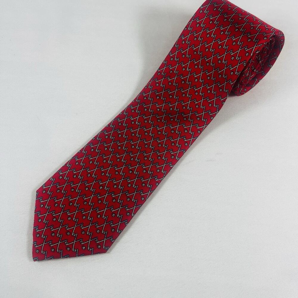 TAILORBYRD COLLECTION EUC Golf Themed Red with Gold Drawings Silk 59" x 3"
